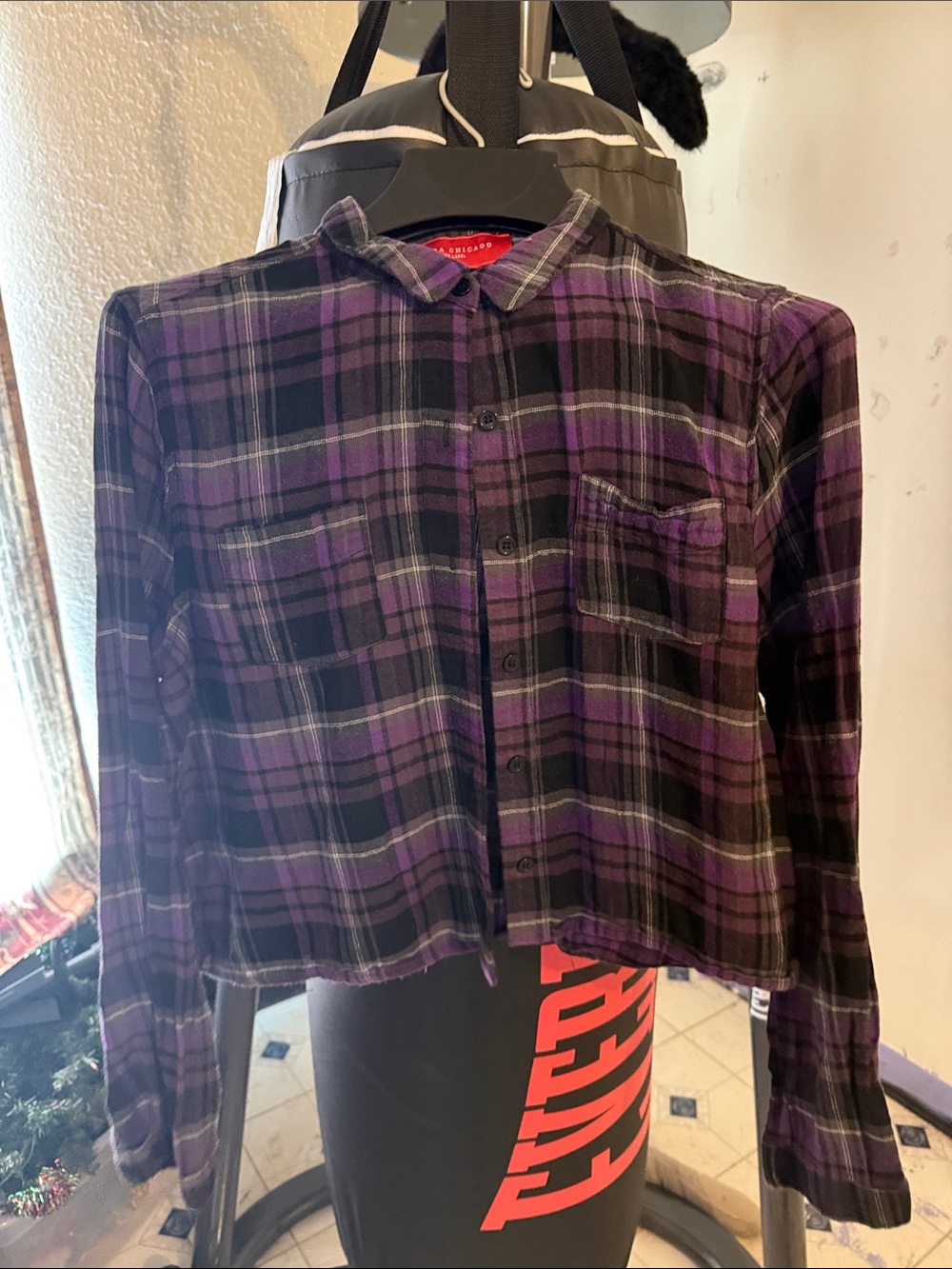 Purple Plaid Button-Front Cropped Women's Blouse